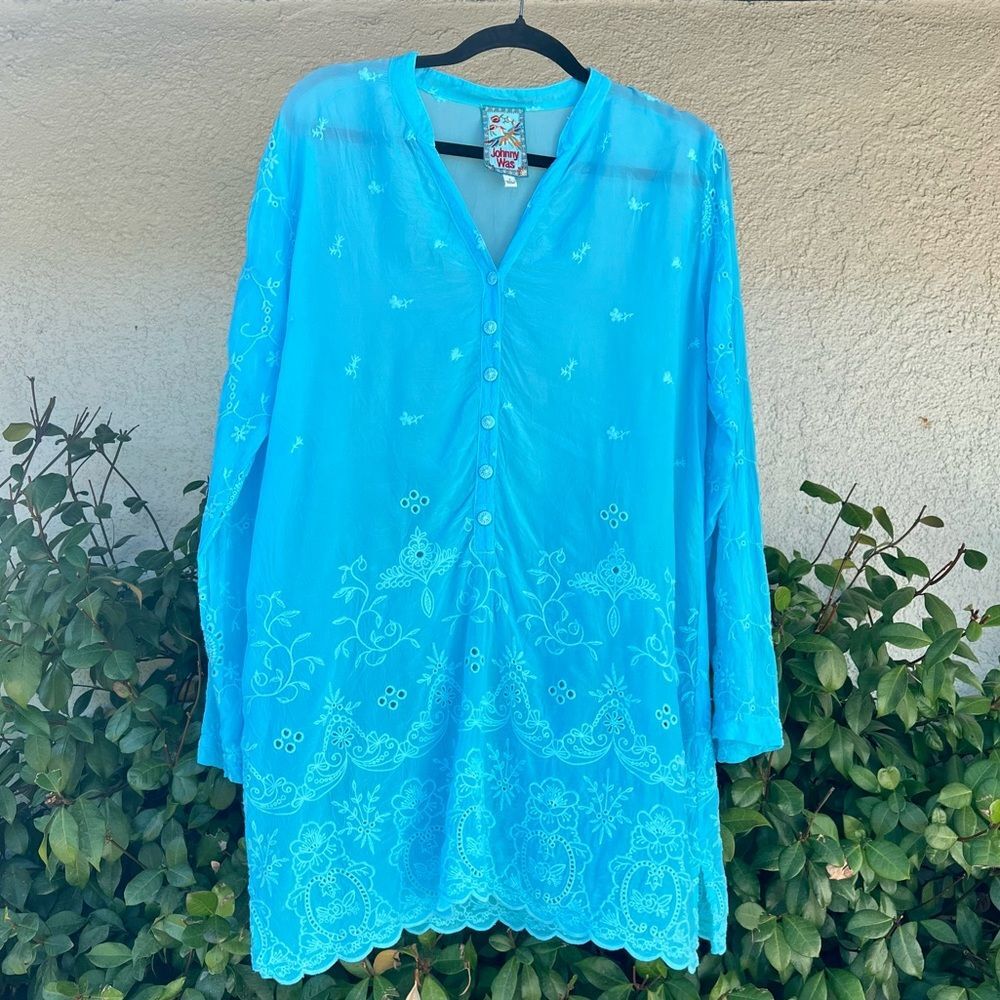 Johnny Was Turquoise Embroidered V-Neck Tunic - Picture 2 of 7